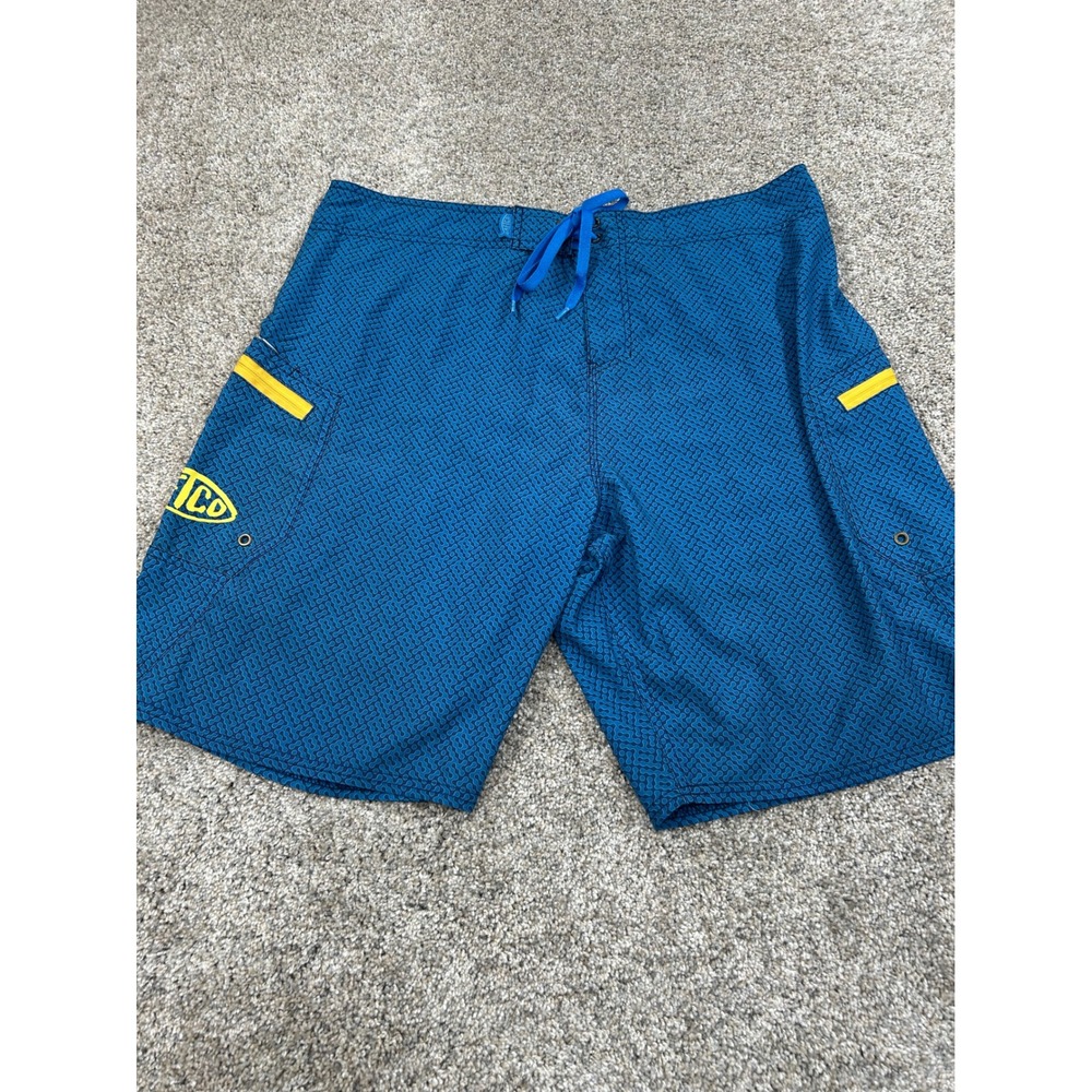 AFTCO Mens Blue Geometric Fishing Board Shorts Size 36 Performance Swim #0478